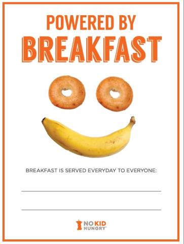 breakfast poster with a smiley face using bagels for the eyes and a banana for the mouth
