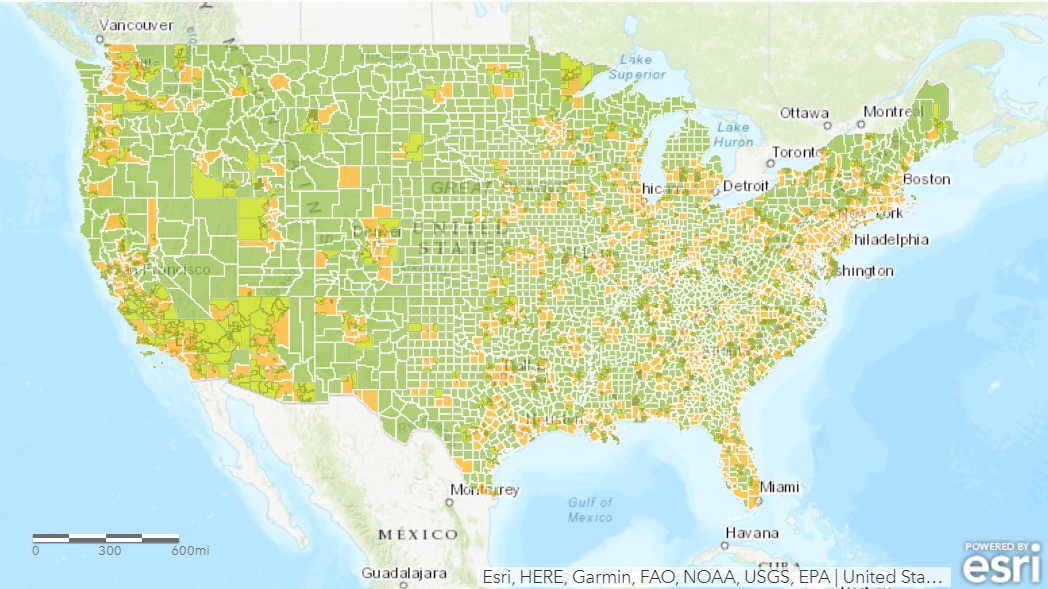 Map of the United States colored coded with green for rural areas and orange for urban areas. 