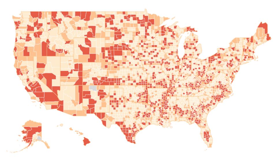 focus area map shows counties in red to orange variation with highest need counties in red