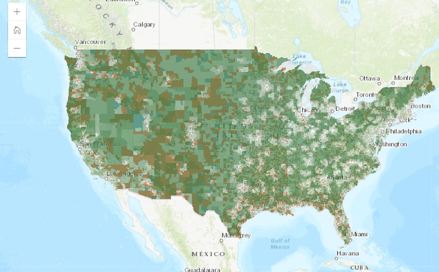 screenshot of the averaged eligibility map. A map of the united states is shown in varies shades of green and orange. 