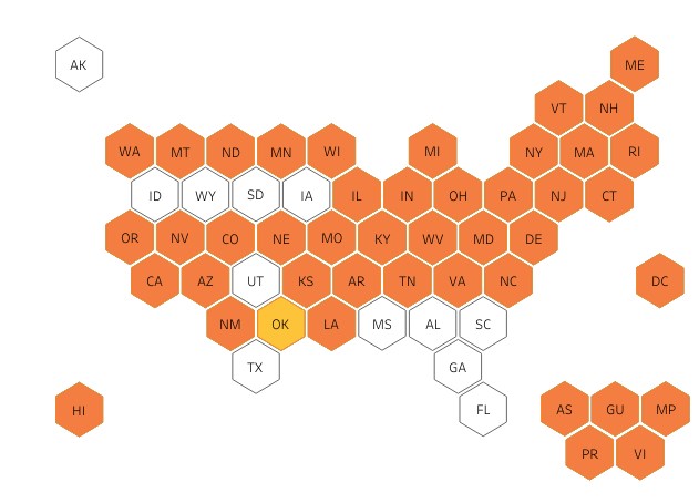 screenshot of the SEBT implementation tracker. A US map of hexagons with states in orange and yellow