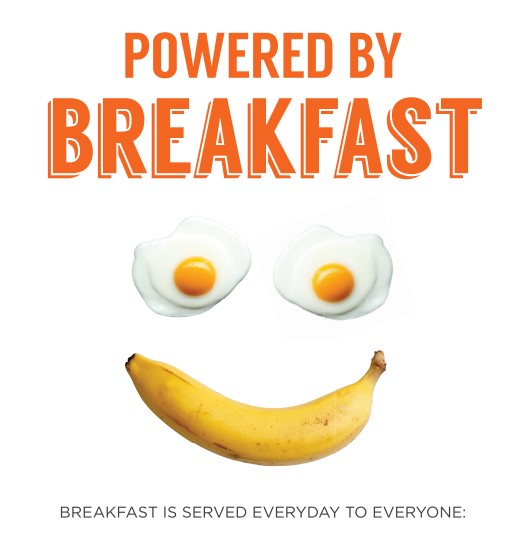 powered by breakfast poster, two eggs and a banana make a face in the middle of the image