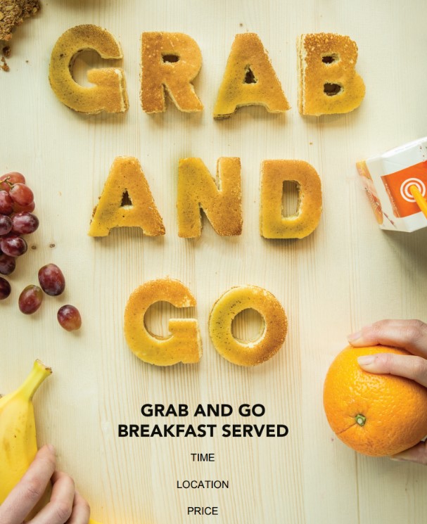 grab and go breakfast poster with the words made out of bread