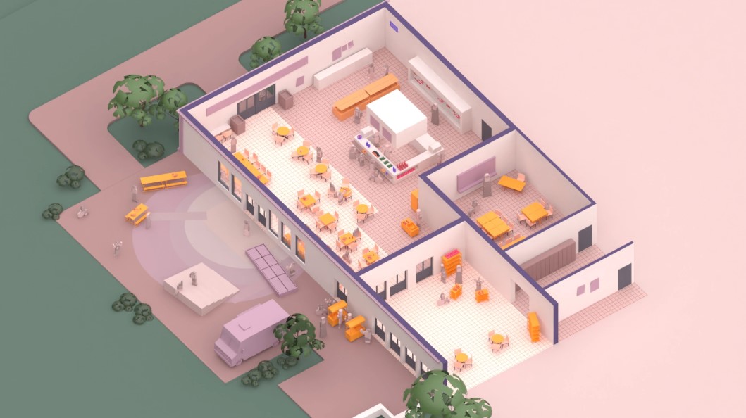 photo of the rendered school room used to display the ideal school meals in 2030