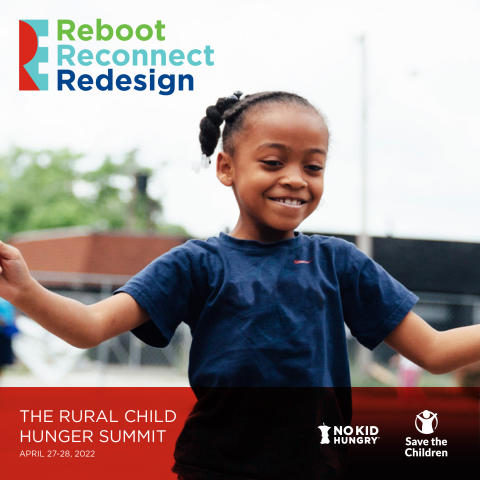 Young girl smiling and playing outside with Rural Child Hunger Summit Sponsor Logos and theme messaging overlaid